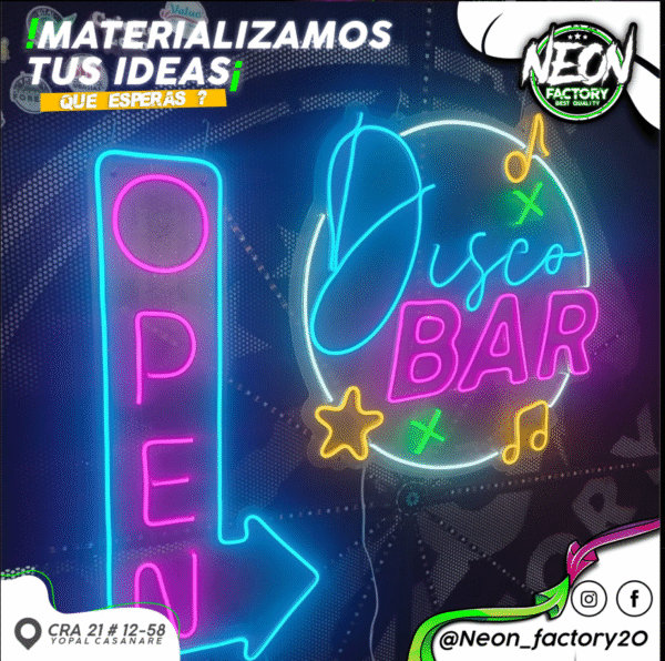 🟣 1️⃣ Letrero Neón Decorativo “OPEN + Disco Bar”